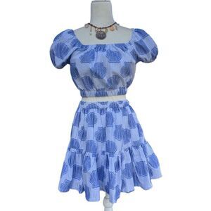 Blue shell puff sleeve crop top and tiered mini skirt set Size XS